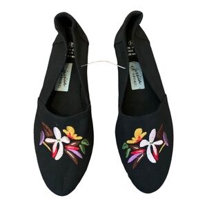 Vintage Sears Jessica Sport Women Black Ballet Flats Size 10 Floral Embroidered